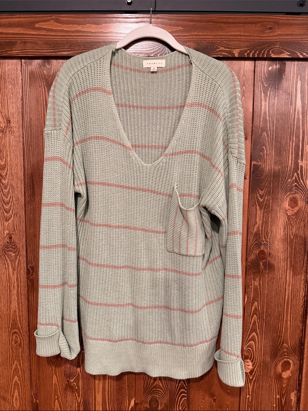 Promesa Mint Green and Dusty Rose Striped V-Neck Pocket Sweater